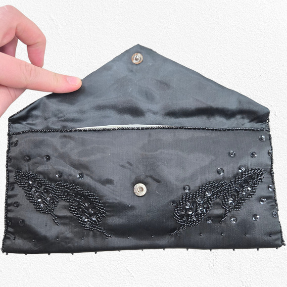 Vintage 50s Black Beaded Satin Evening Clutch Made in Japan Floral Cocktail Bag - Picture 4 of 8